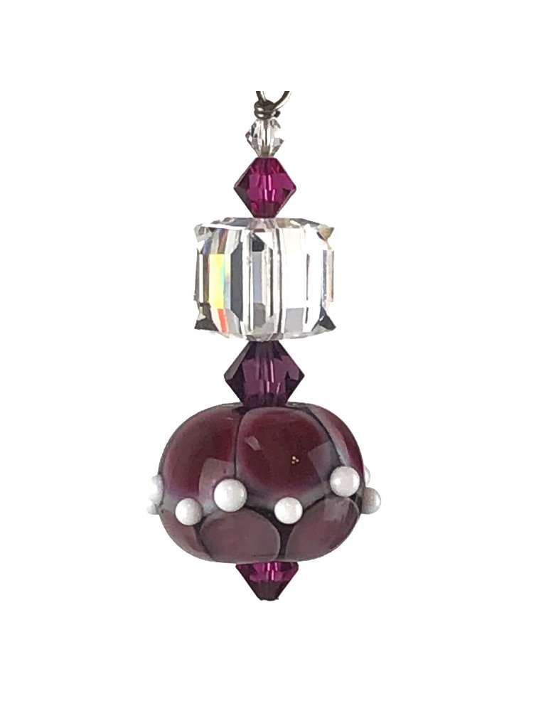 Pendant Handmade Lampwork Glass Bead & Crystal Pink Mauve White Silver Tone